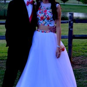 Long floral 2 piece prom dress